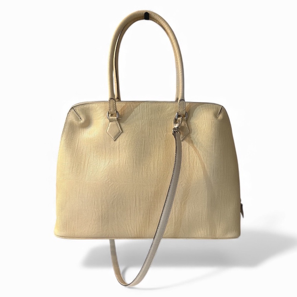 FOXEY Boutique Made in Italy Leather Lizard‎ Embossed Tote Handbag Purse Cream